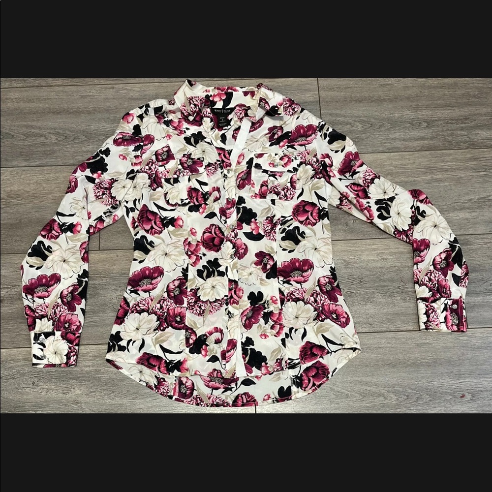 Floral Silk White House Black Market Blouse Shirt